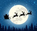 Silhouette Santa Claus rides a sleigh with reindeer on Christmas night background Royalty Free Stock Photo